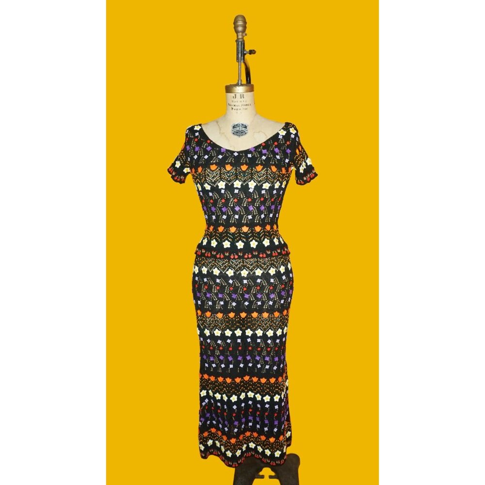 Y2K MOSCHINO CHEAP and CHIC Black Crochet Virgin Wool Short Sleeve & Maxi Skirt